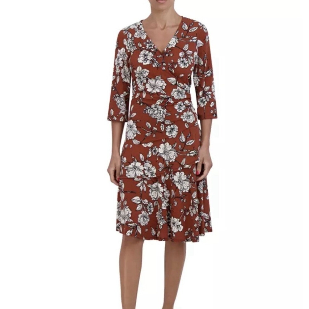 SIGNATURE By ROBBIE‎ BEE Rust White Floral Aline Dress Petite Medium NWT - Picture 2 of 7